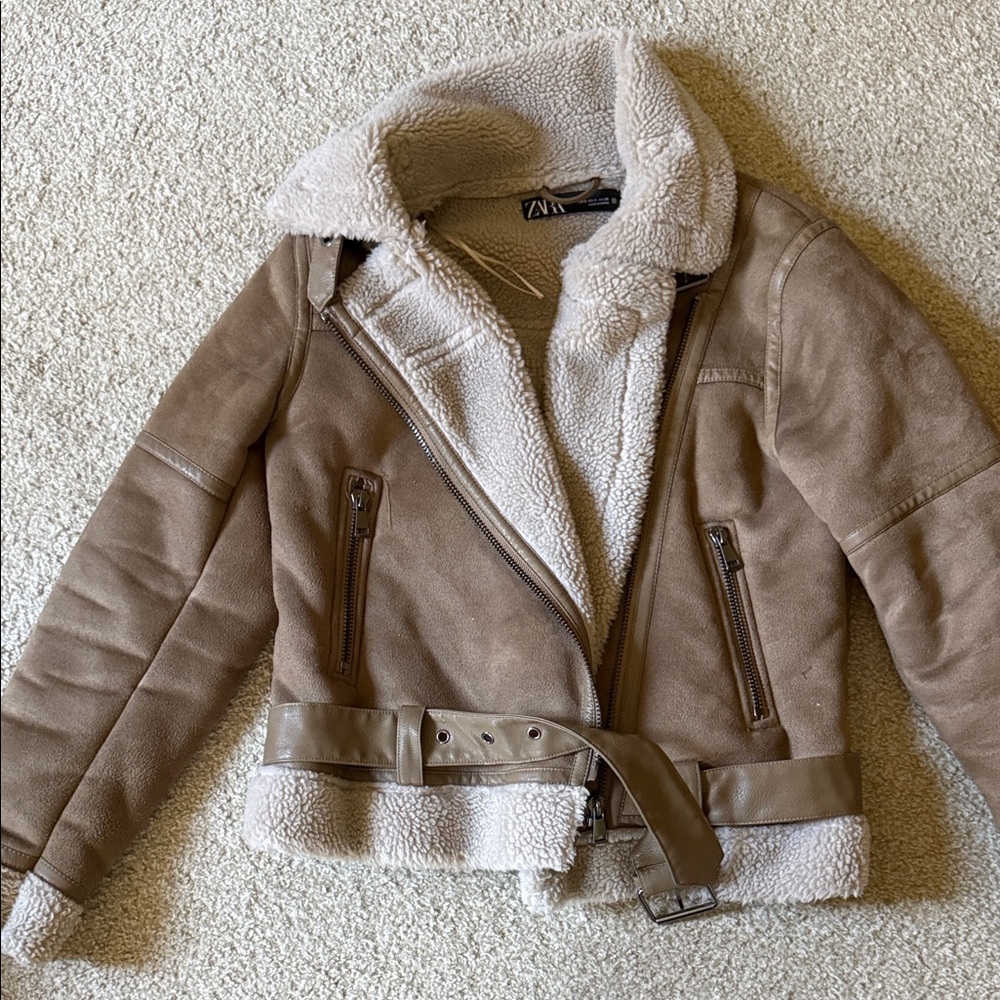 Zara Taupe Sherpa-Lined Aviator Jacket